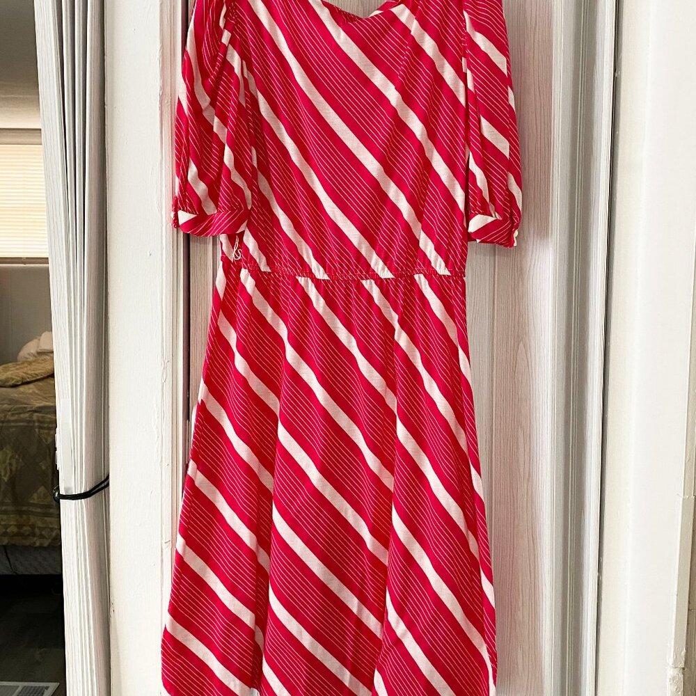 90s Dress - Pink + White Women's Dress - Short Sleeve, Soft Drape - Size 16